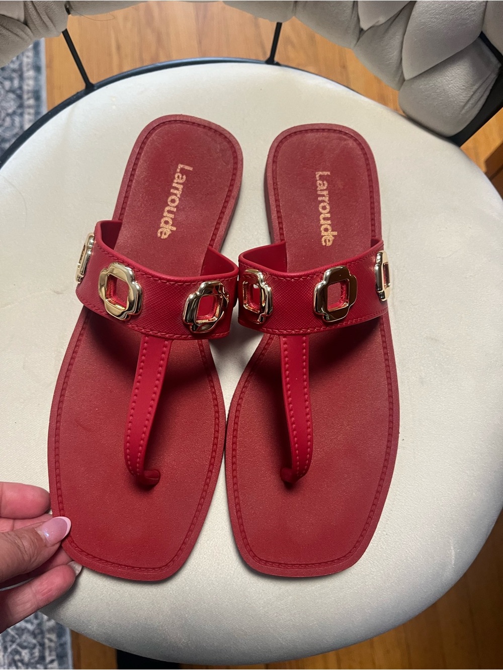 Larroude Red Thong Sandals with Gold Buckle Accents